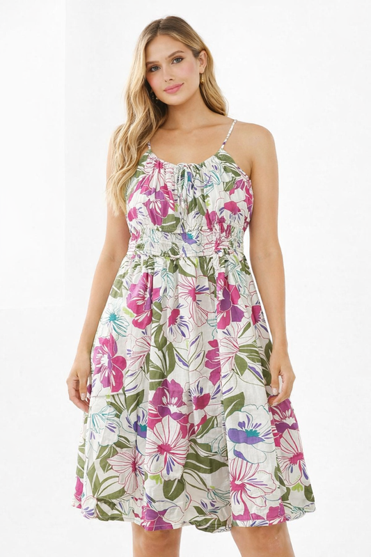 Multi Colour Floral Cotton Viscose Fit & Flare Sleeveless Dress with Pockets
