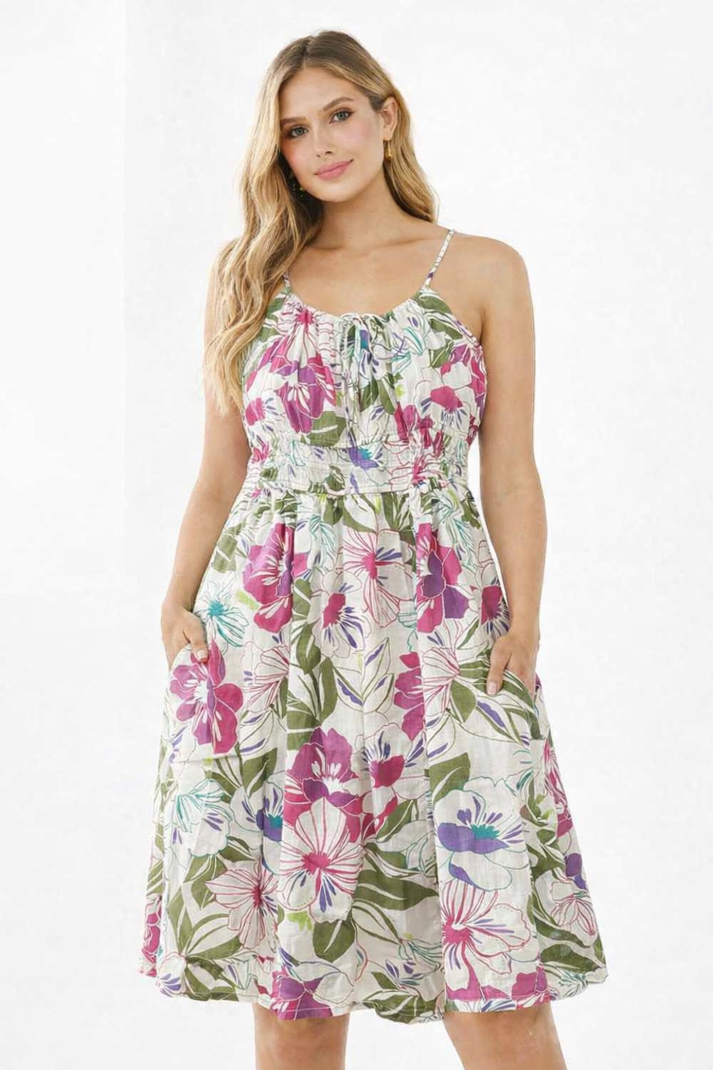 Multi Colour Floral Cotton Viscose Fit & Flare Sleeveless Dress with Pockets
