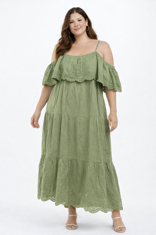 Plus Size Green Off Shoulder Tiered Maxi Dress with Inner – 100% Cotton