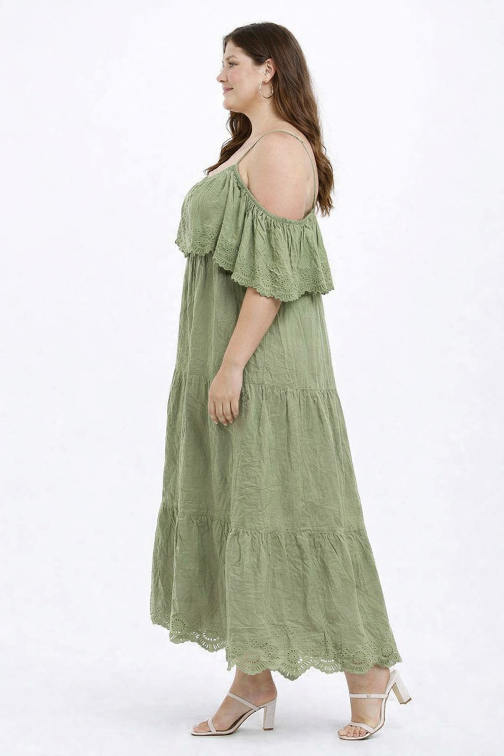 Plus Size Green Off Shoulder Tiered Maxi Dress with Inner – 100% Cotton