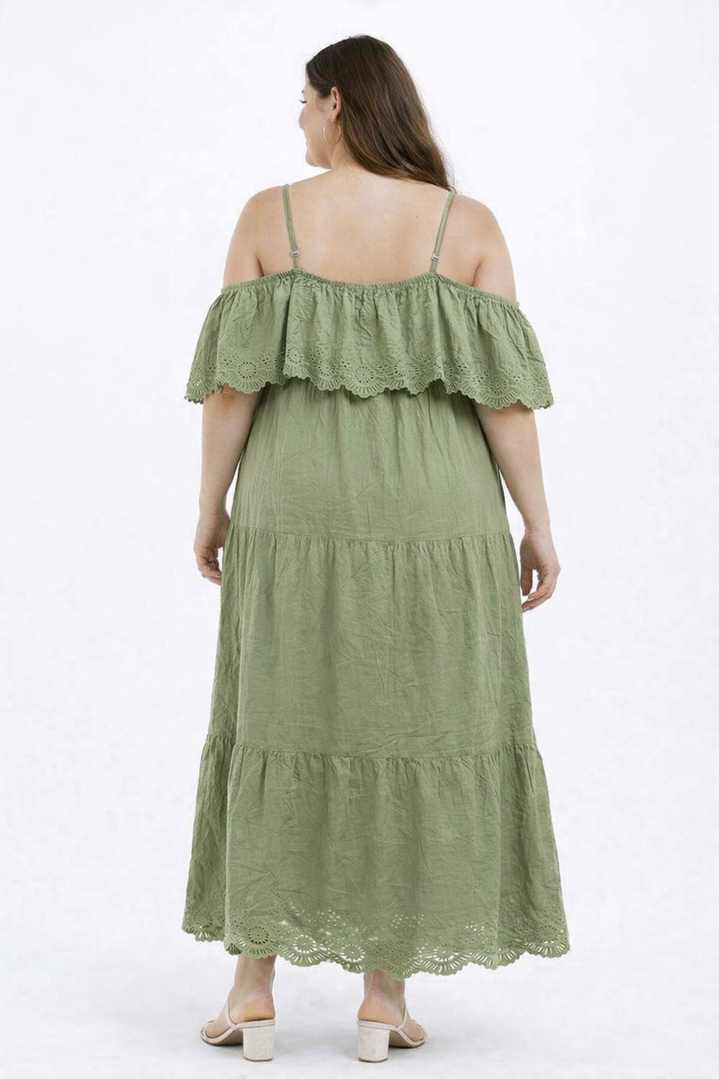Plus Size Green Off Shoulder Tiered Maxi Dress with Inner – 100% Cotton