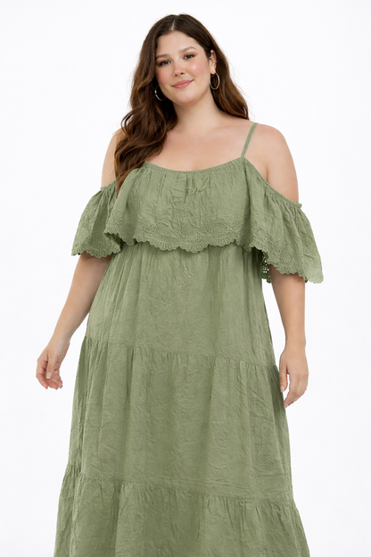 Plus Size Green Off Shoulder Tiered Maxi Dress with Inner – 100% Cotton