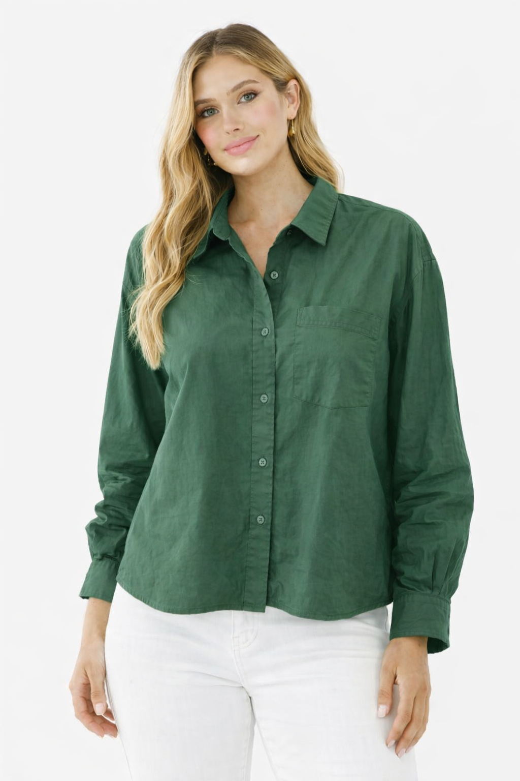 Dark Green Cotton Loose Fit Shirt with Pocket – Casual Plus Size Style