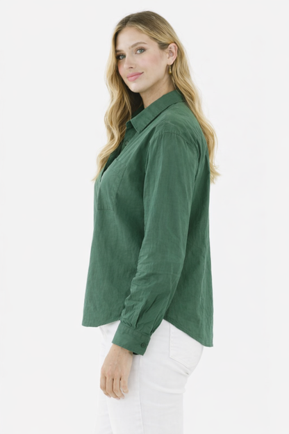 Dark Green Cotton Loose Fit Shirt with Pocket – Casual Plus Size Style