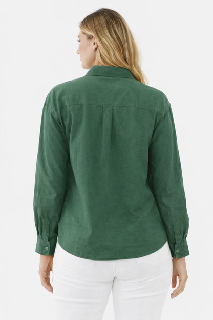 Dark Green Cotton Loose Fit Shirt with Pocket – Casual Plus Size Style