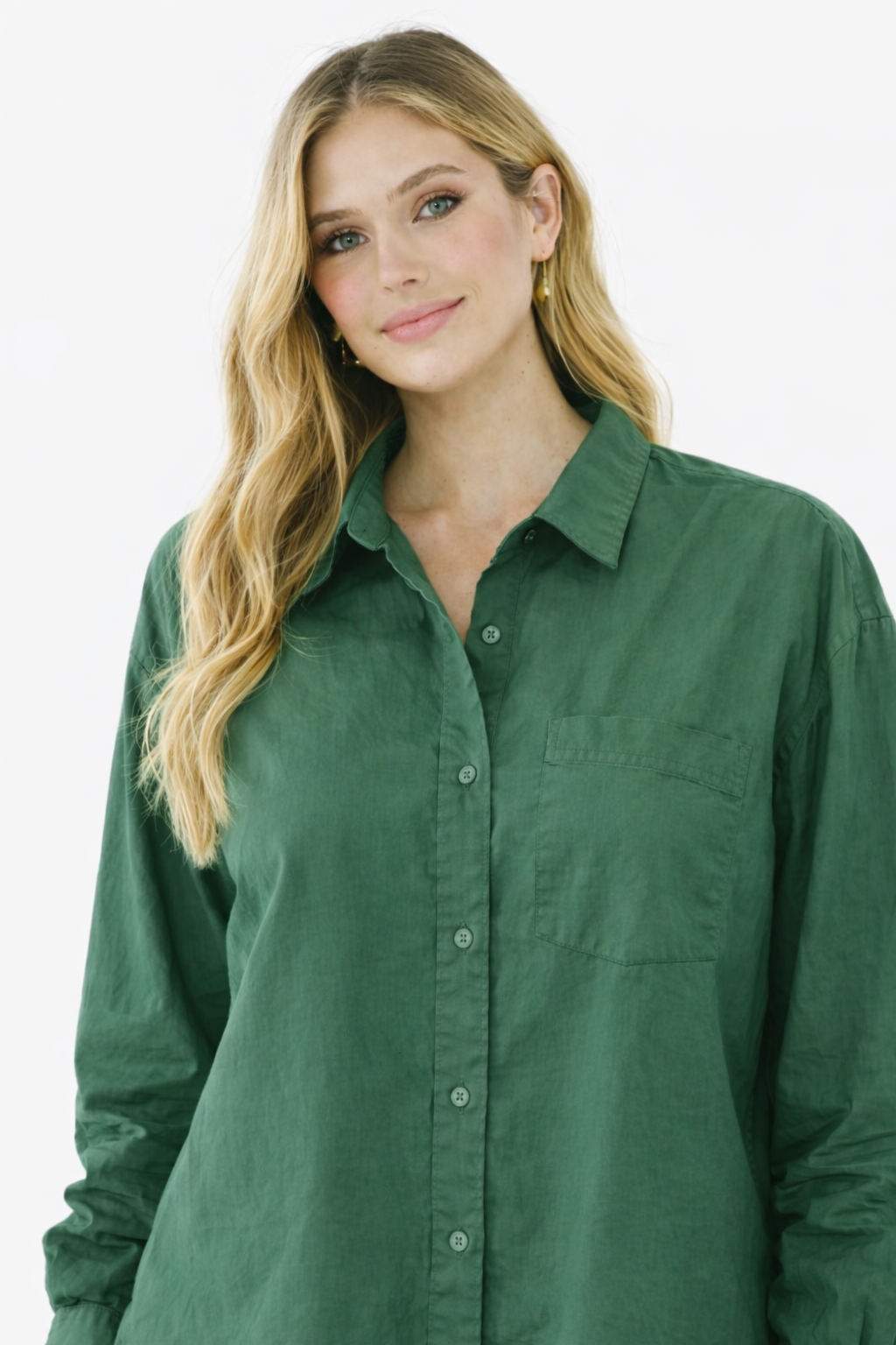 Dark Green Cotton Loose Fit Shirt with Pocket – Casual Plus Size Style