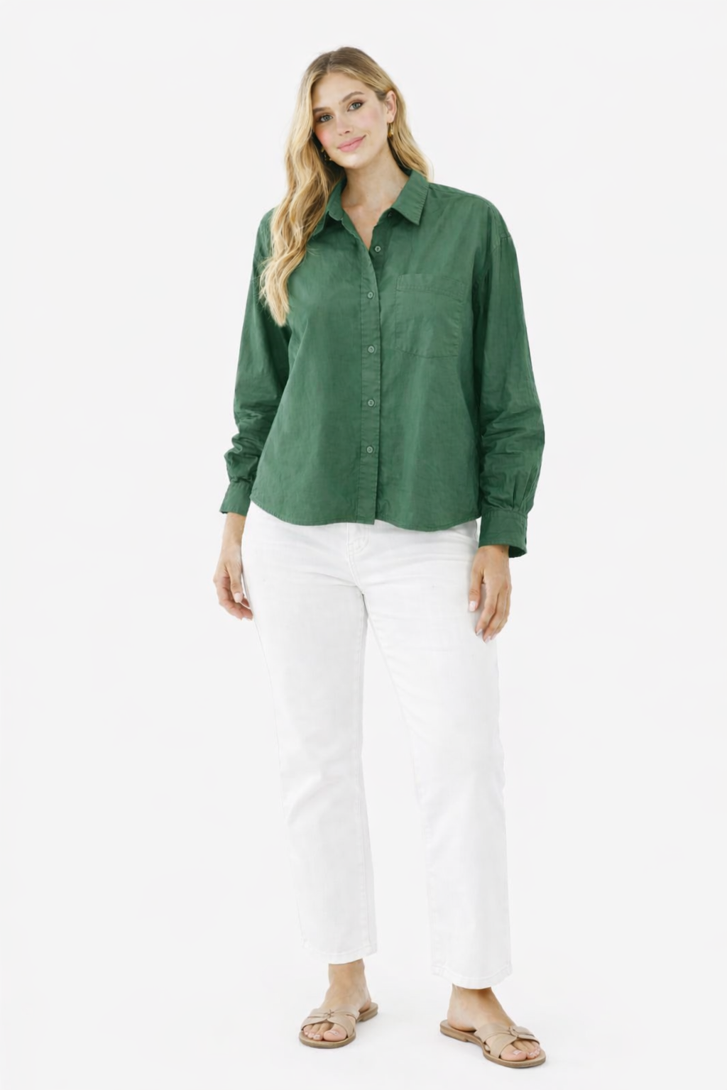 Dark Green Cotton Loose Fit Shirt with Pocket – Casual Plus Size Style