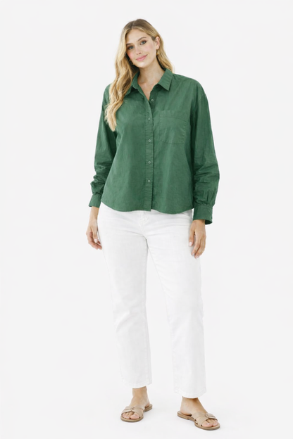 Dark Green Cotton Loose Fit Shirt with Pocket – Casual Plus Size Style