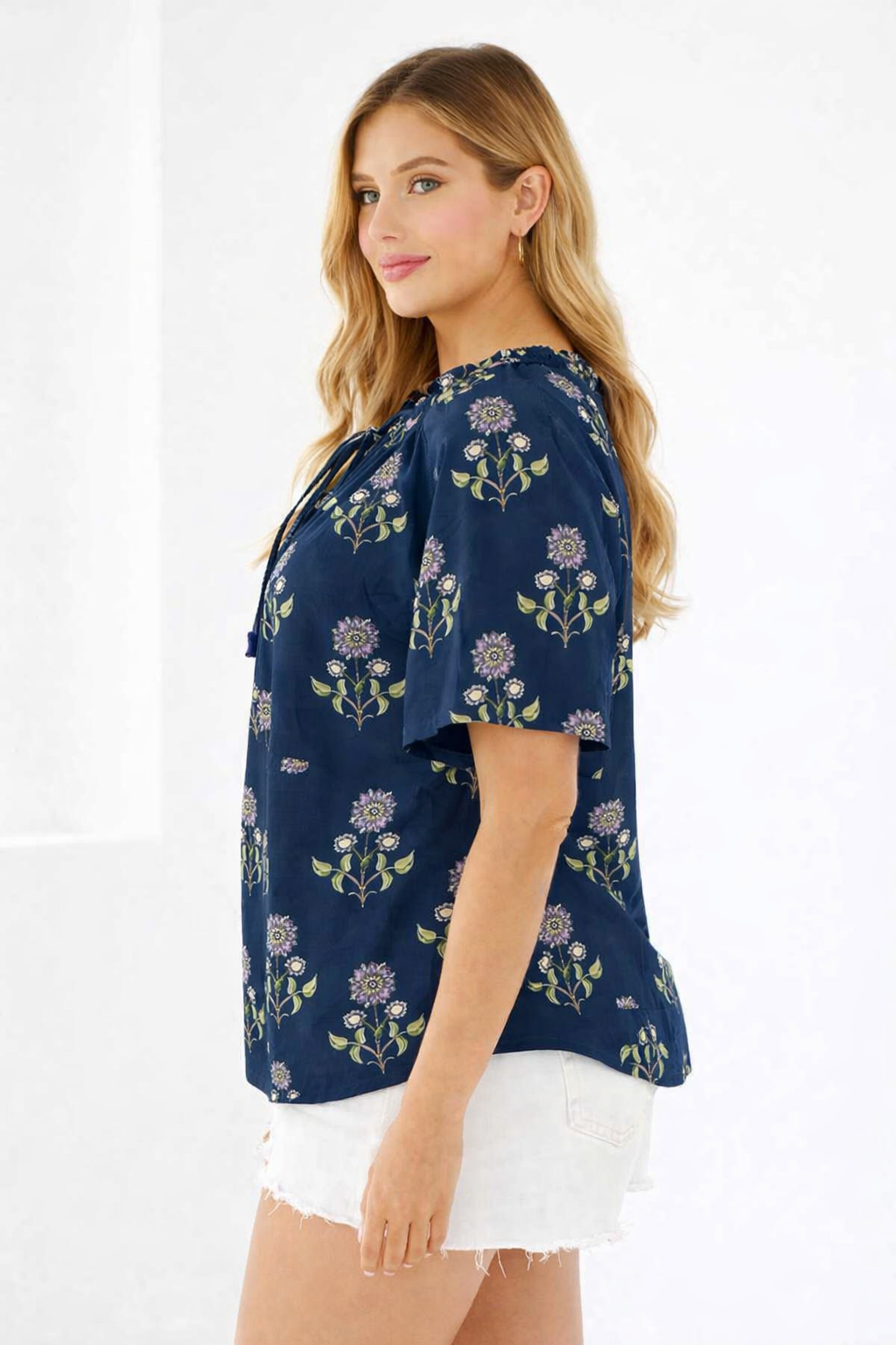 Deep Blue Floral Cotton Poncho Style Top – Loose Fit Plus Size Casual Wear