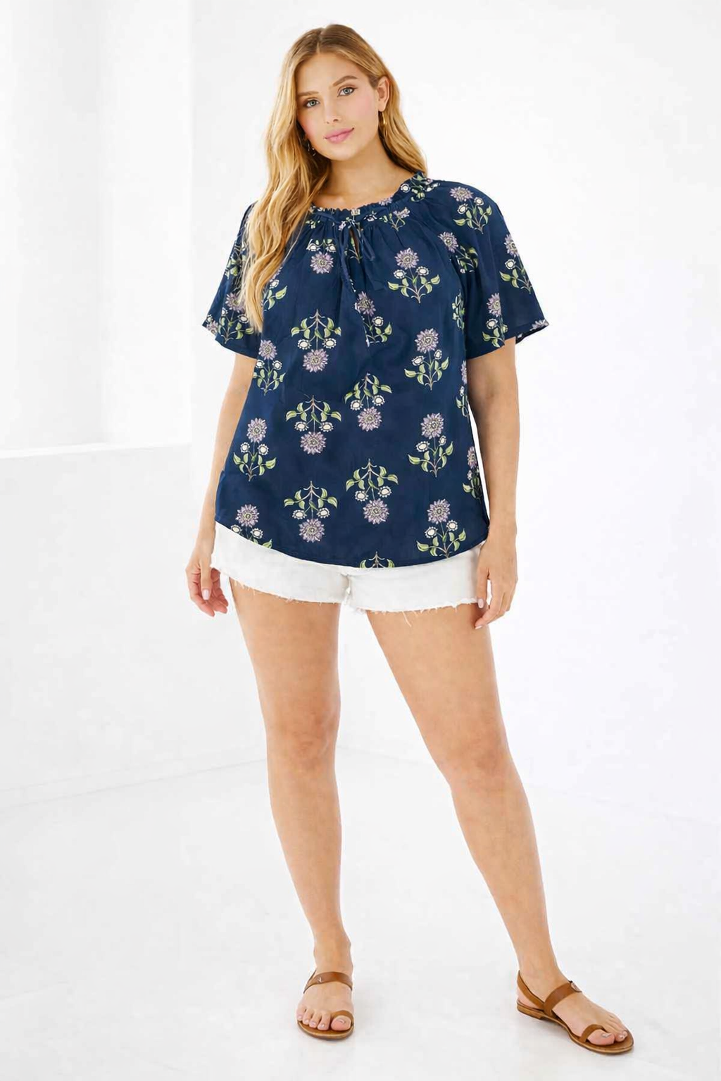 Deep Blue Floral Cotton Poncho Style Top – Loose Fit Plus Size Casual Wear