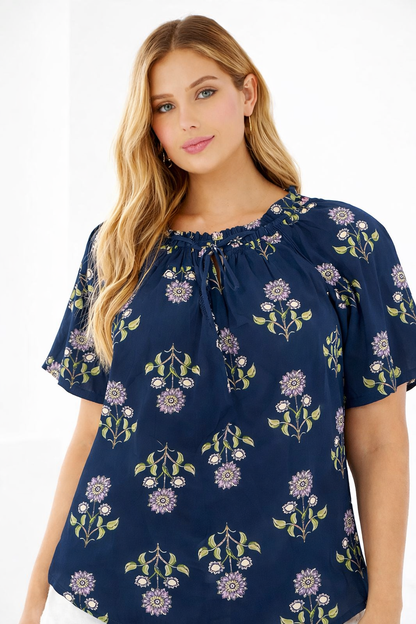 Deep Blue Floral Cotton Poncho Style Top – Loose Fit Plus Size Casual Wear