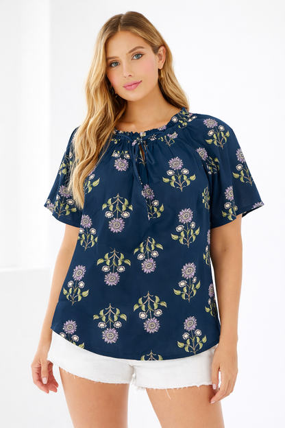 Deep Blue Floral Cotton Poncho Style Top – Loose Fit Plus Size Casual Wear