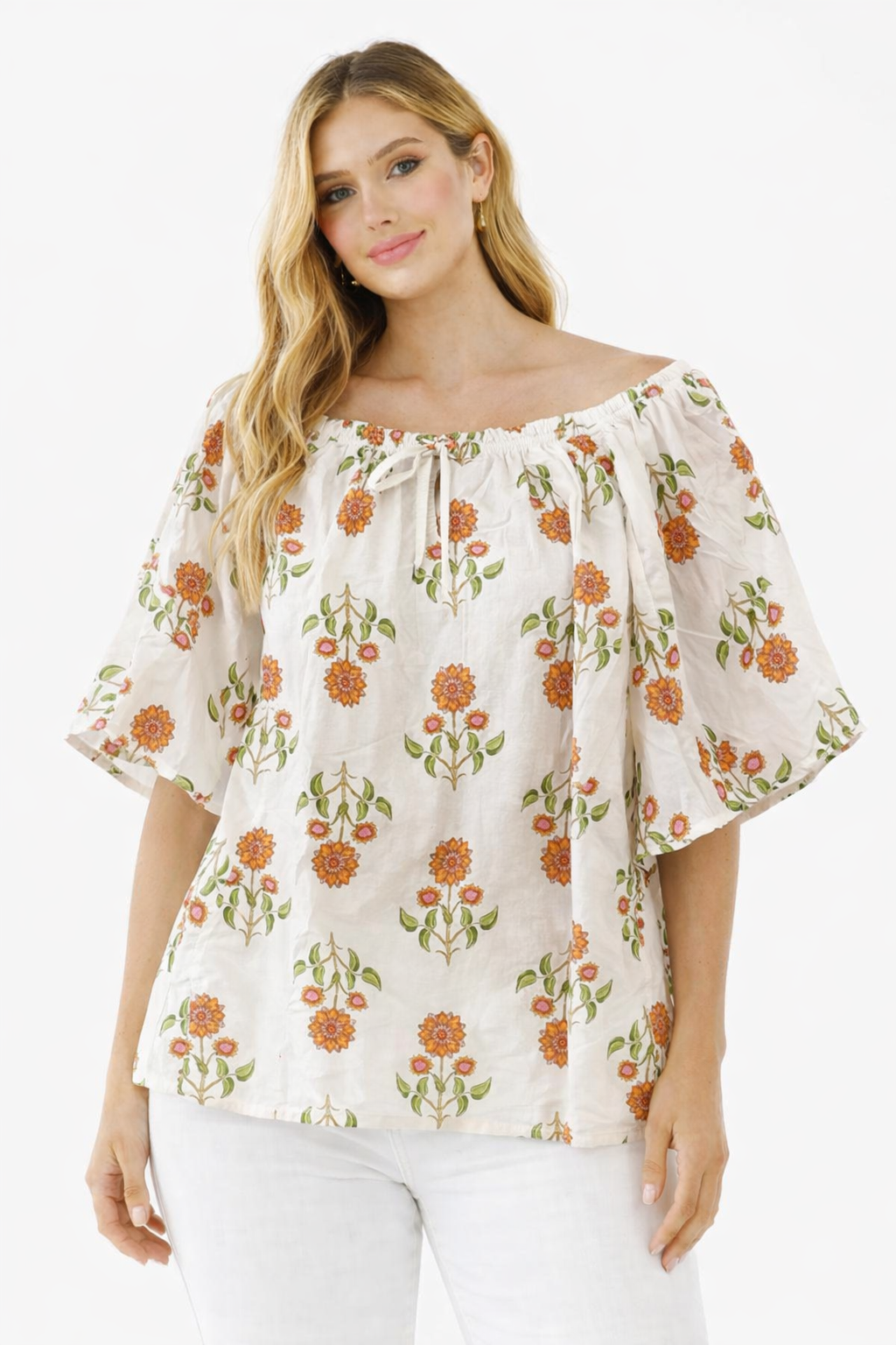 Cream Floral Cotton Poncho Style Top – Loose Fit Plus Size Casual Wear