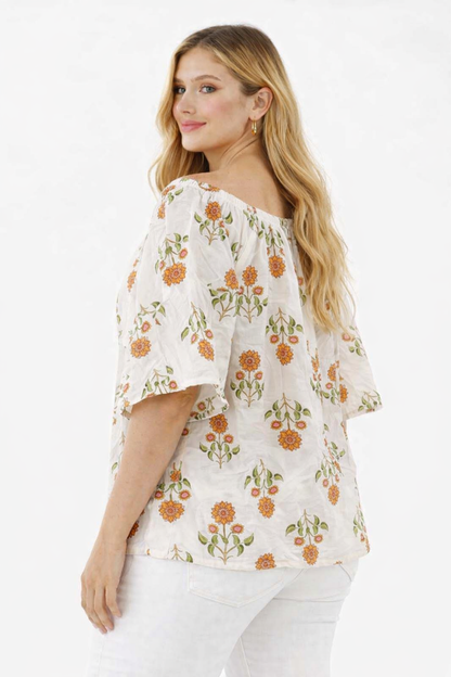 Cream Floral Cotton Poncho Style Top – Loose Fit Plus Size Casual Wear