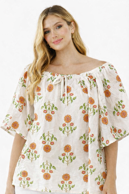 Cream Floral Cotton Poncho Style Top – Loose Fit Plus Size Casual Wear