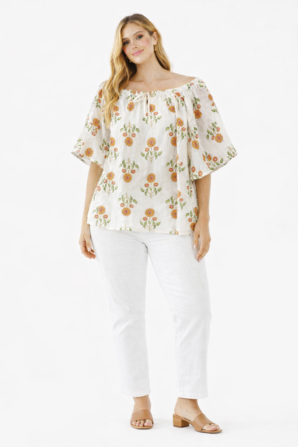Cream Floral Cotton Poncho Style Top – Loose Fit Plus Size Casual Wear