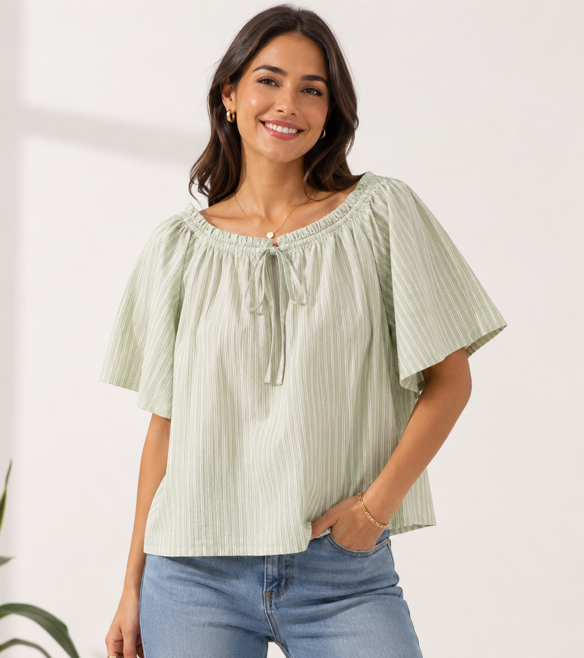Light Green Floral Cotton Poncho Style Top – Loose Fit Plus Size Casual Wear