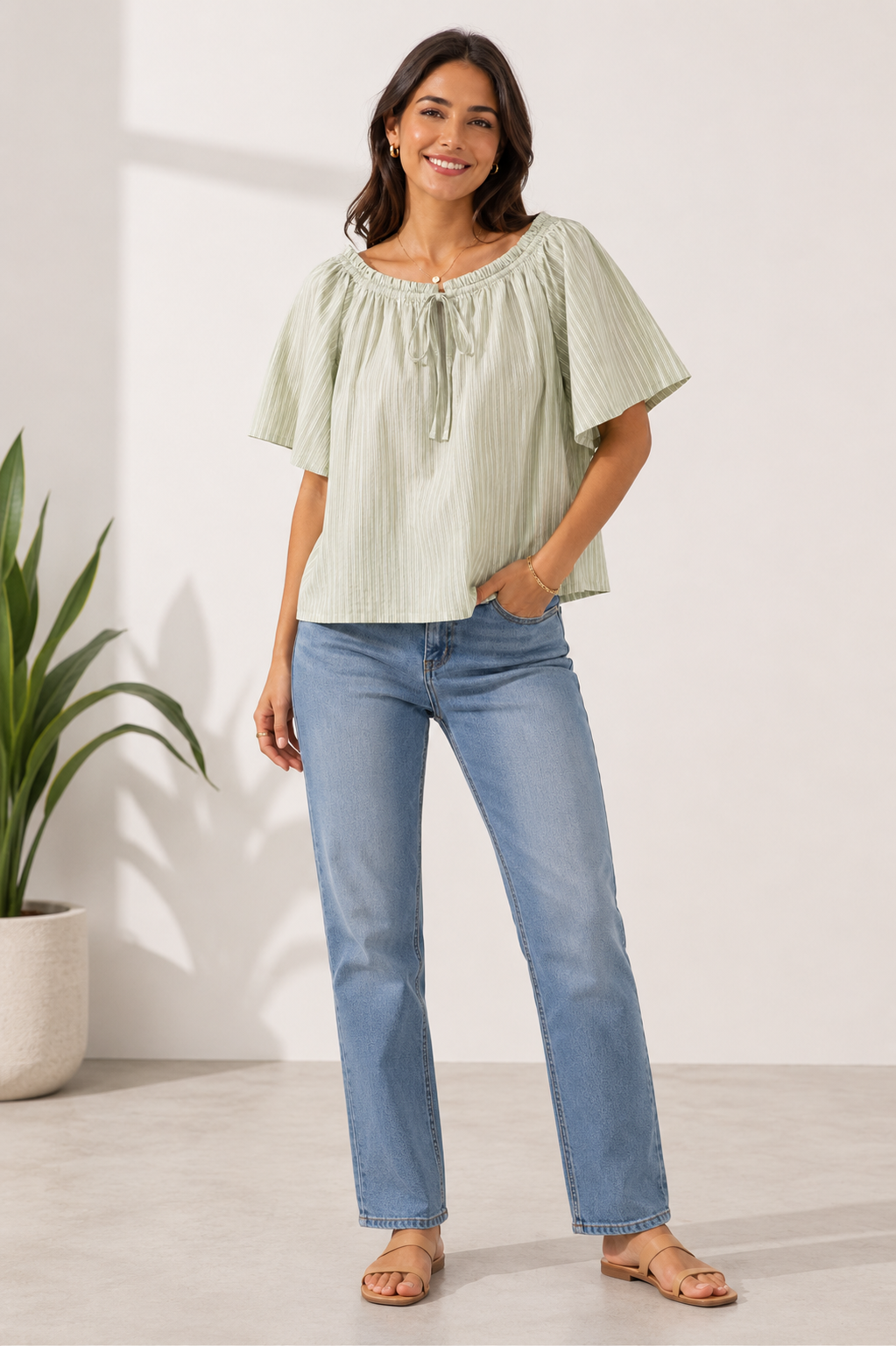 Light Green Floral Cotton Poncho Style Top – Loose Fit Plus Size Casual Wear