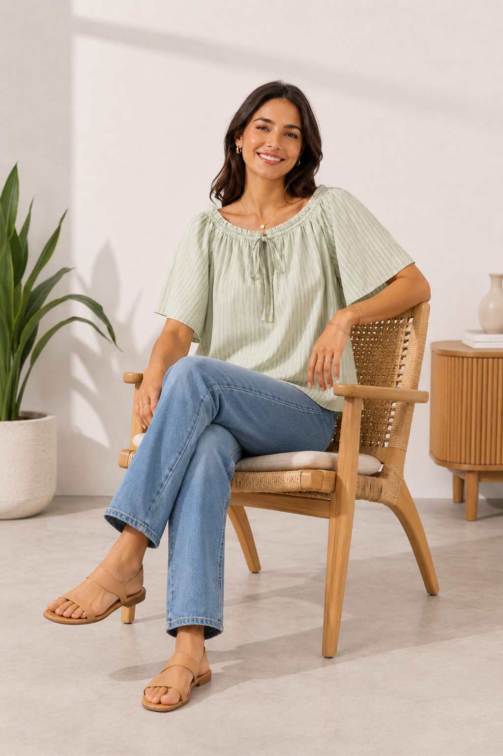 Light Green Floral Cotton Poncho Style Top – Loose Fit Plus Size Casual Wear