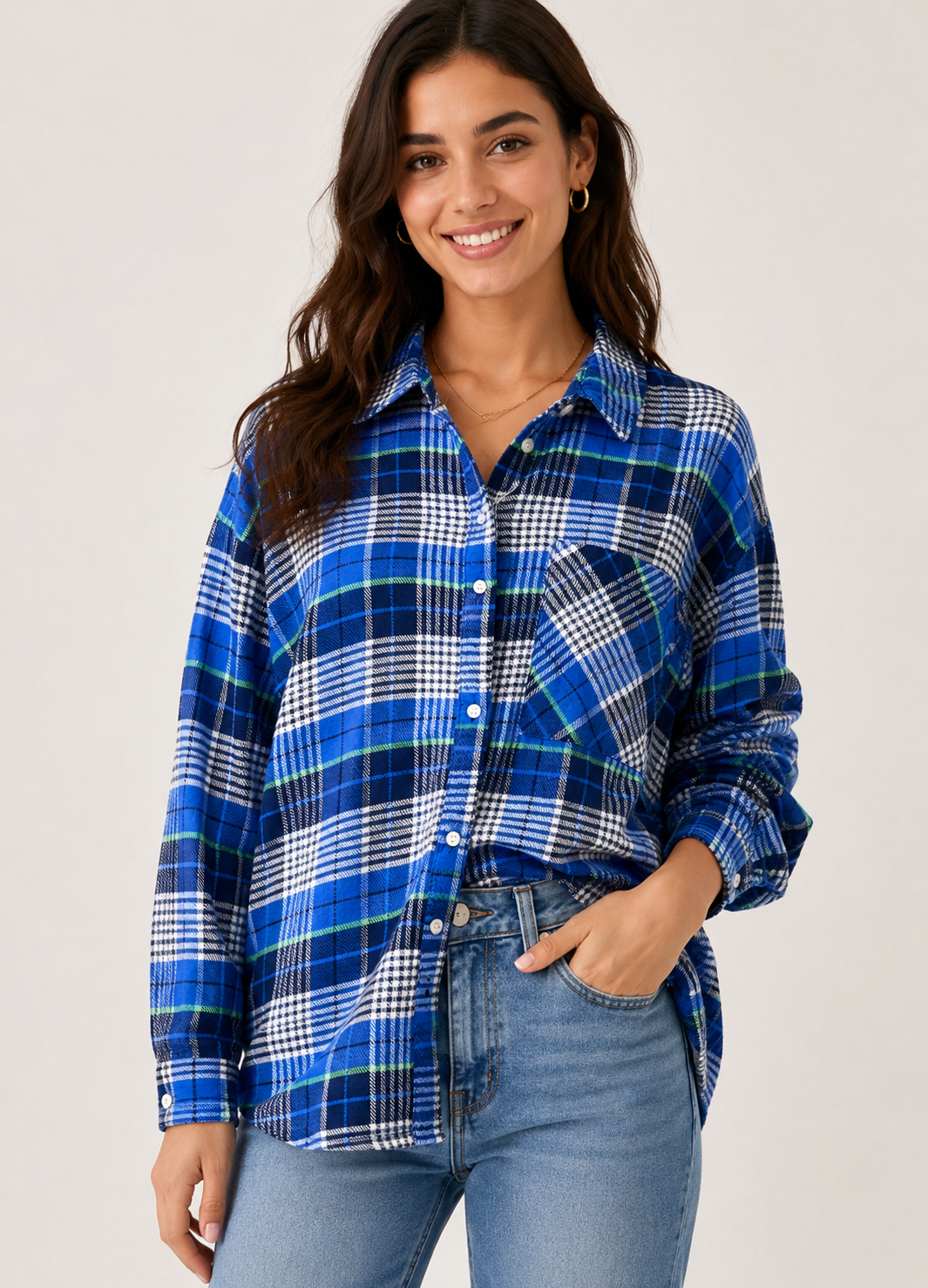 Blue Cotton Viscose Shirt – Loose Fit Casual Everyday Shirt