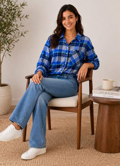 Blue Cotton Viscose Shirt – Loose Fit Casual Everyday Shirt