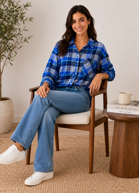 Blue Cotton Viscose Shirt – Loose Fit Casual Everyday Shirt