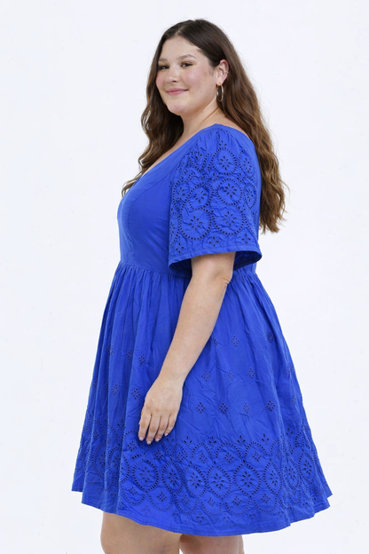 Plus Size Blue Cotton Fit & Flare Dress – Loose Casual Summer Dress