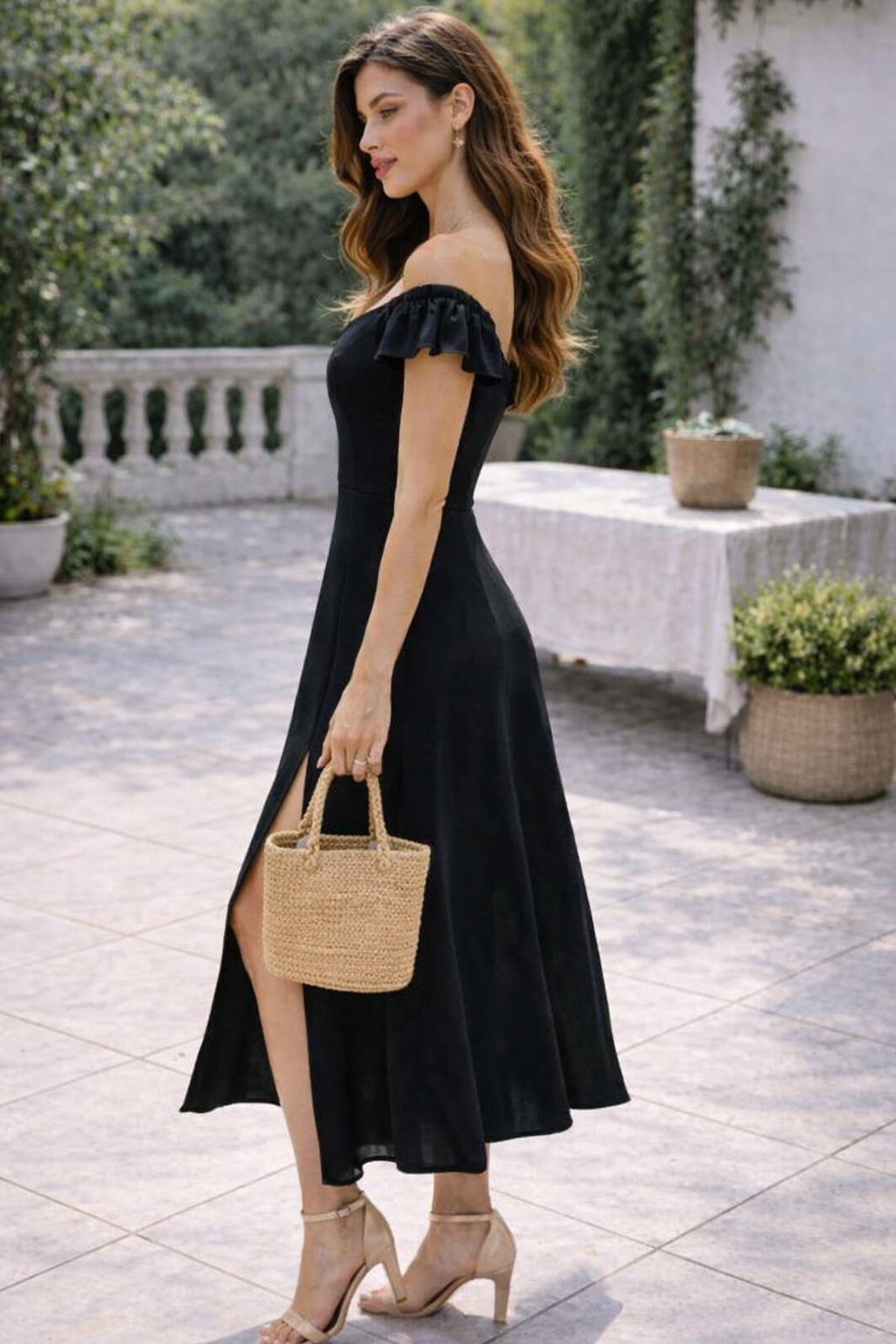 Black Solid Off-Shoulder Midi Dress | 100% Rayon | Flared Summer Dress
