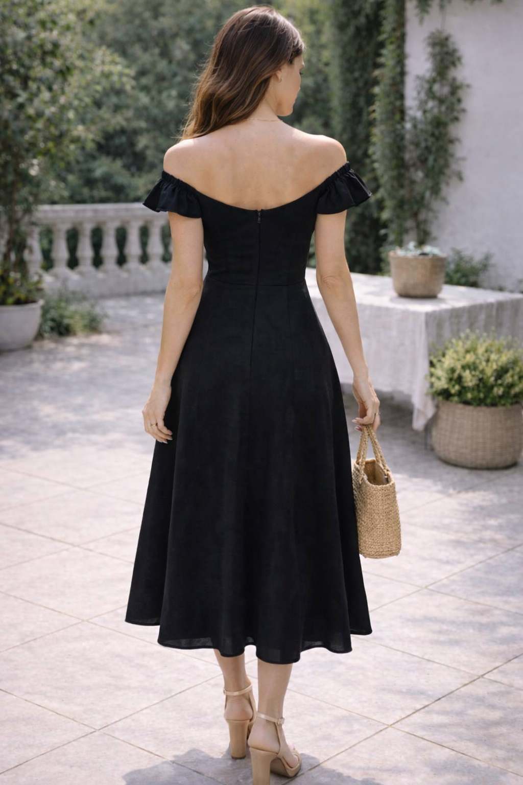 Black Solid Off-Shoulder Midi Dress | 100% Rayon | Flared Summer Dress