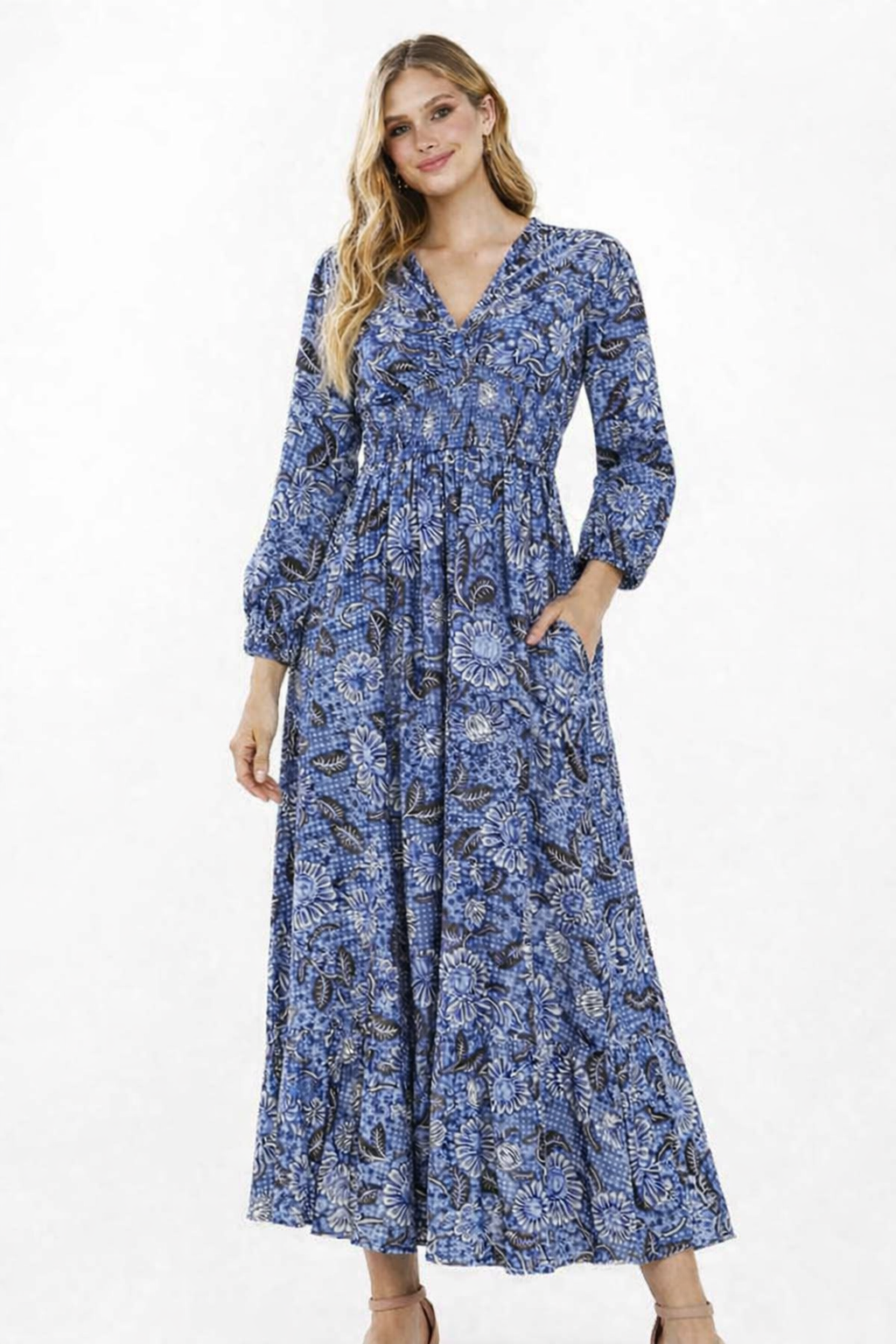 Printed Rayon Maxi Dress with 2 Side Pockets – Blue