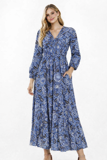Printed Rayon Maxi Dress with 2 Side Pockets – Blue