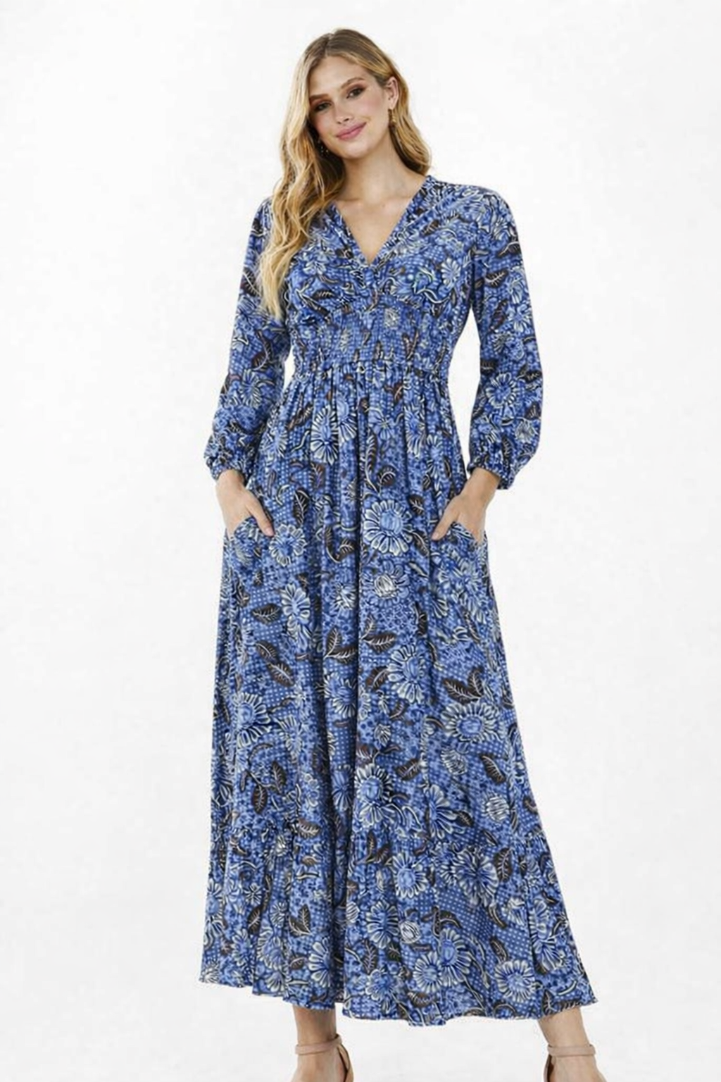 Printed Rayon Maxi Dress with 2 Side Pockets – Blue
