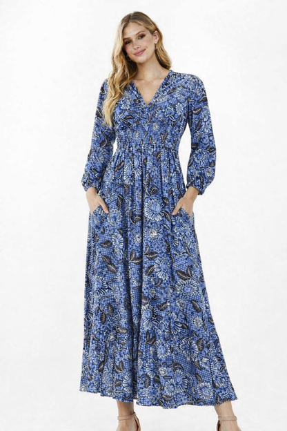Printed Rayon Maxi Dress with 2 Side Pockets – Blue