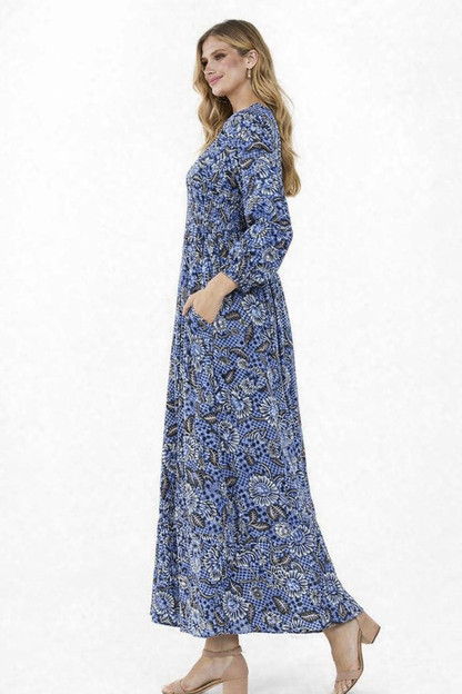 Printed Rayon Maxi Dress with 2 Side Pockets – Blue