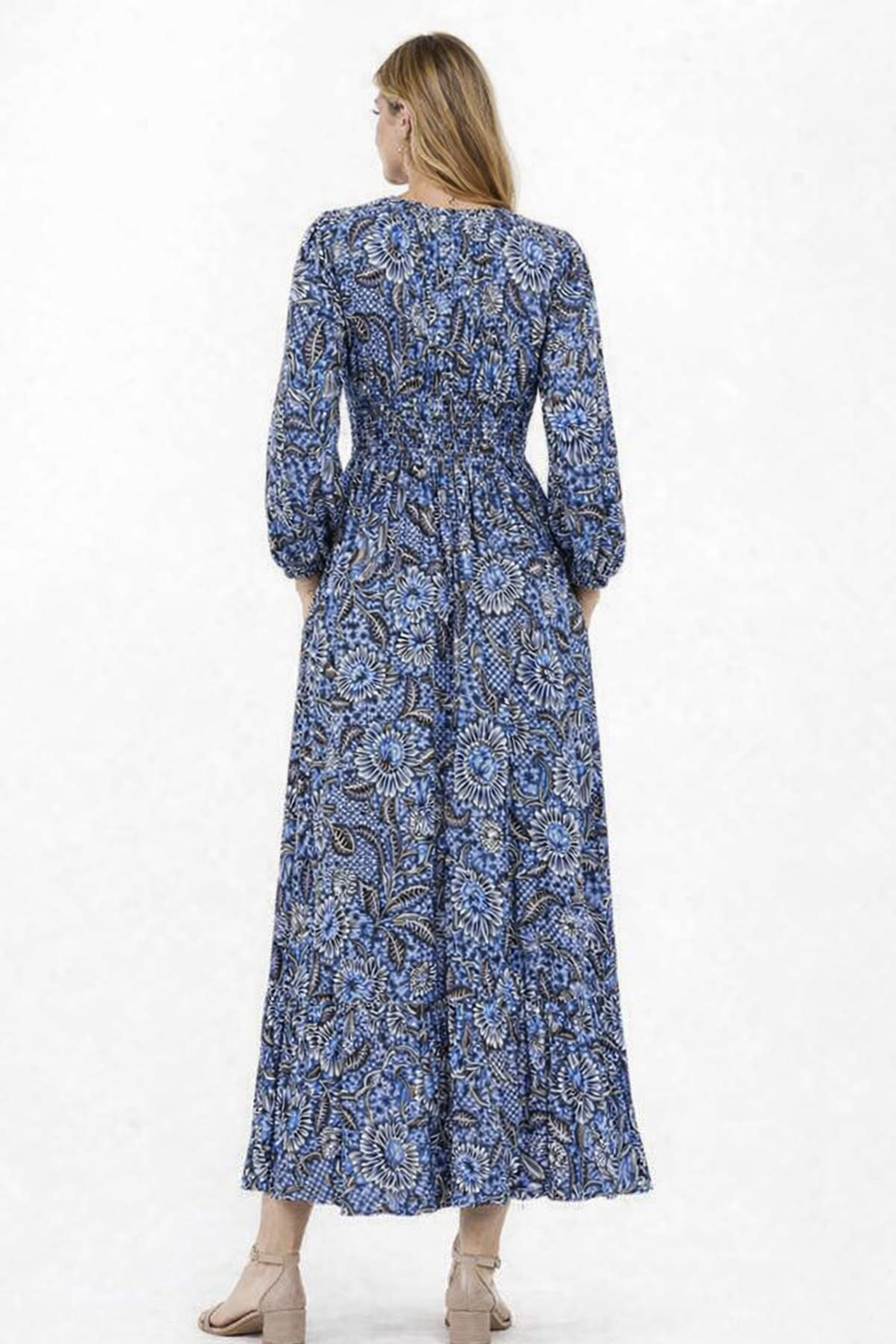 Printed Rayon Maxi Dress with 2 Side Pockets – Blue