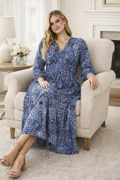 Printed Rayon Maxi Dress with 2 Side Pockets – Blue
