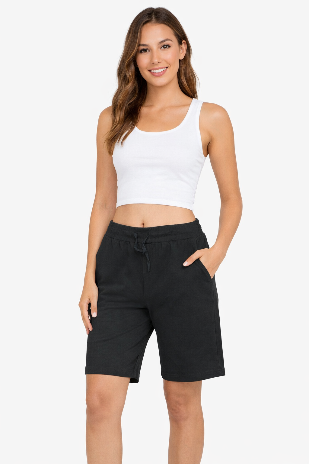 Solid Cotton Knee Length Shorts with Drawstring Waist & 2 Side Pockets Black Short