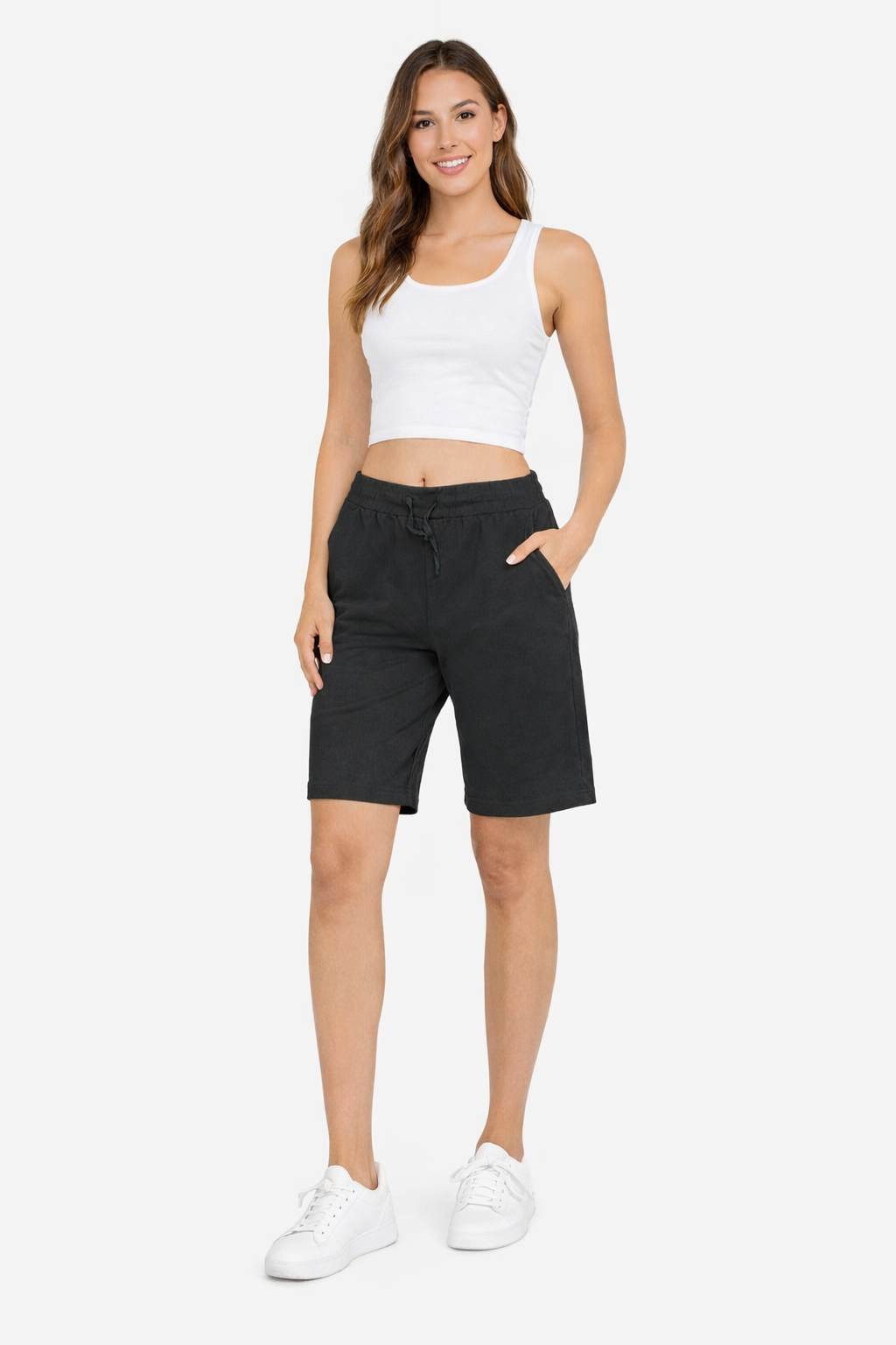 Solid Cotton Knee Length Shorts with Drawstring Waist & 2 Side Pockets Black Short