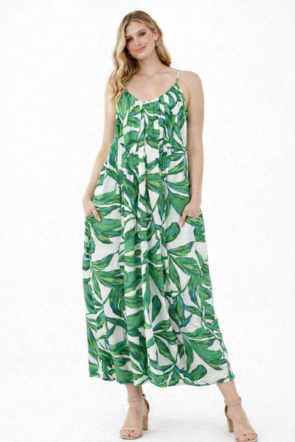 Printed Green Maxi Dress with Spaghetti Straps & 2 Side Pockets | 100% Viscose Loose Fit Sleeveless Dress