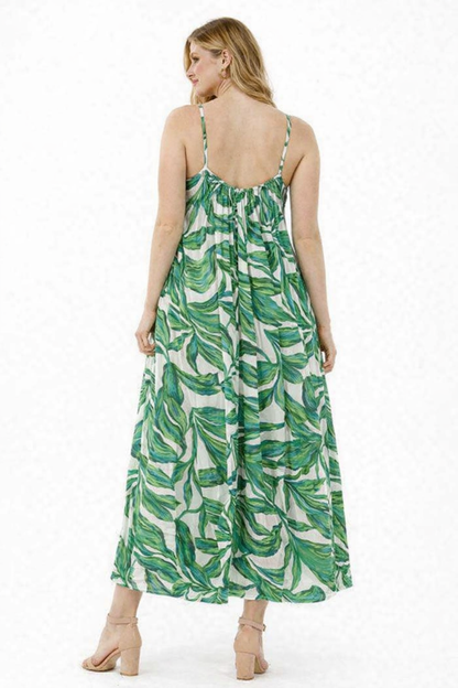 Printed Green Maxi Dress with Spaghetti Straps & 2 Side Pockets | 100% Viscose Loose Fit Sleeveless Dress