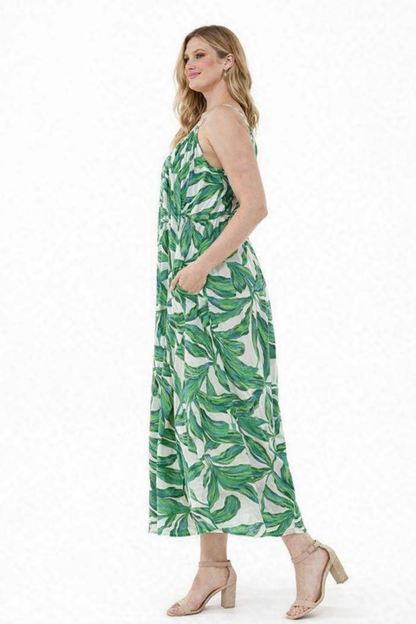 Printed Green Maxi Dress with Spaghetti Straps & 2 Side Pockets | 100% Viscose Loose Fit Sleeveless Dress