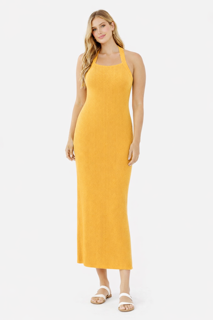 Yellow Bodycon Maxi Dress | Halter Neck Sleeveless Stretchable Ribbed Dress | Viscose Polyamide Slim Fit Long Dress