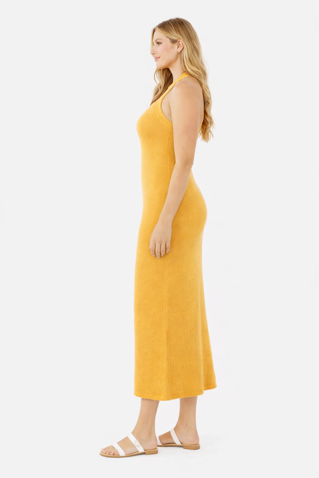 Yellow Bodycon Maxi Dress | Halter Neck Sleeveless Stretchable Ribbed Dress | Viscose Polyamide Slim Fit Long Dress