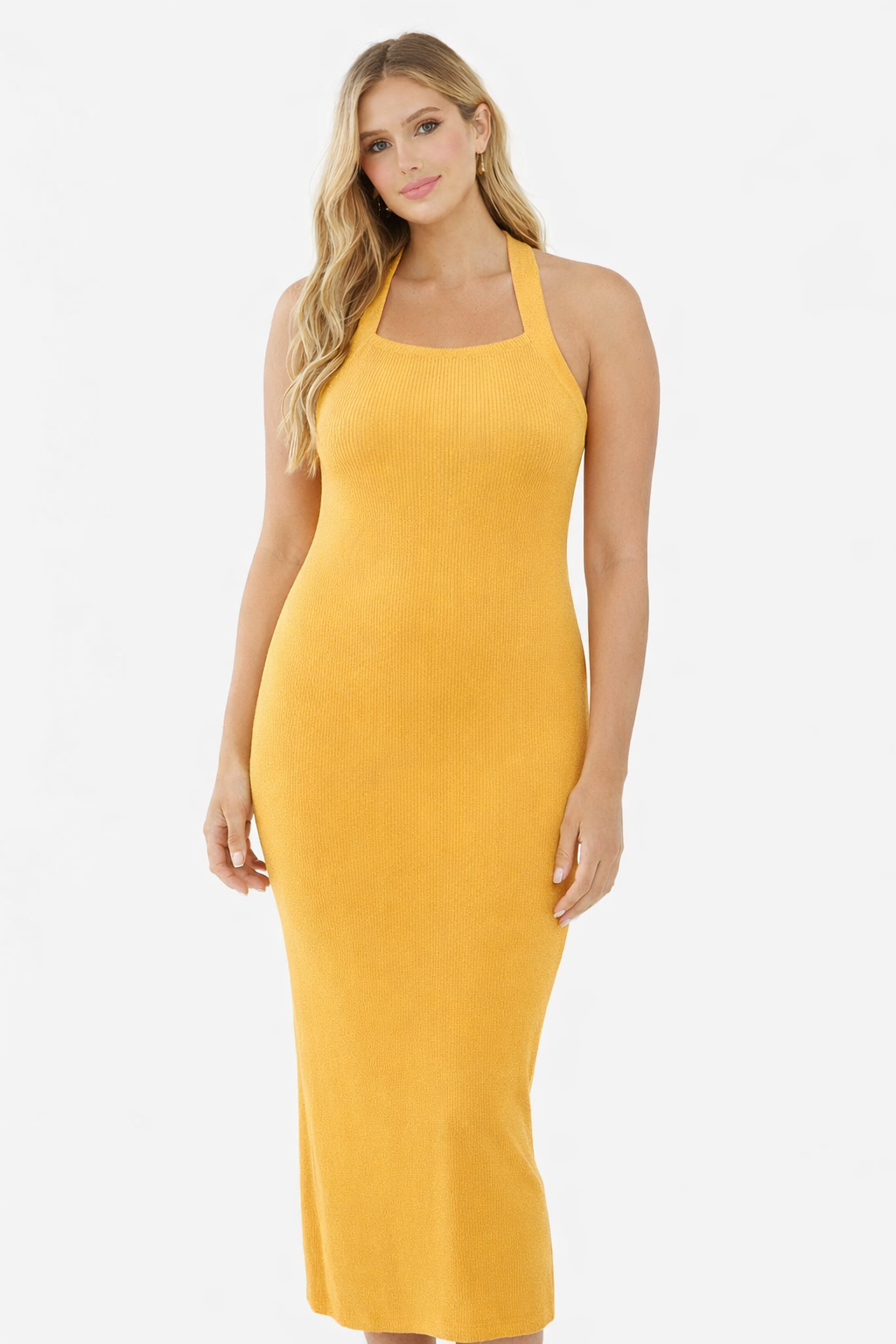 Yellow Bodycon Maxi Dress | Halter Neck Sleeveless Stretchable Ribbed Dress | Viscose Polyamide Slim Fit Long Dress