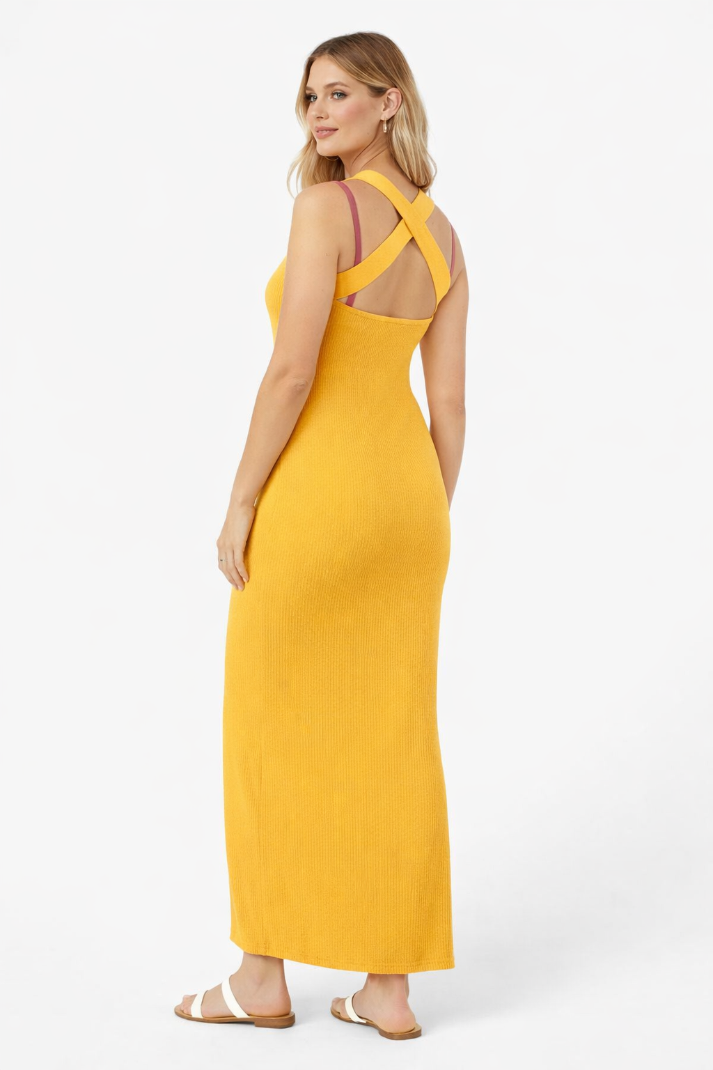 Yellow Bodycon Maxi Dress | Halter Neck Sleeveless Stretchable Ribbed Dress | Viscose Polyamide Slim Fit Long Dress