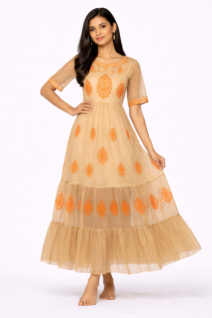 Brown Cotton Embroidered Sheer Maxi Dress with Inner | Loose Fit Bust & Waist | Tiered Flared Casual Ethnic Dress