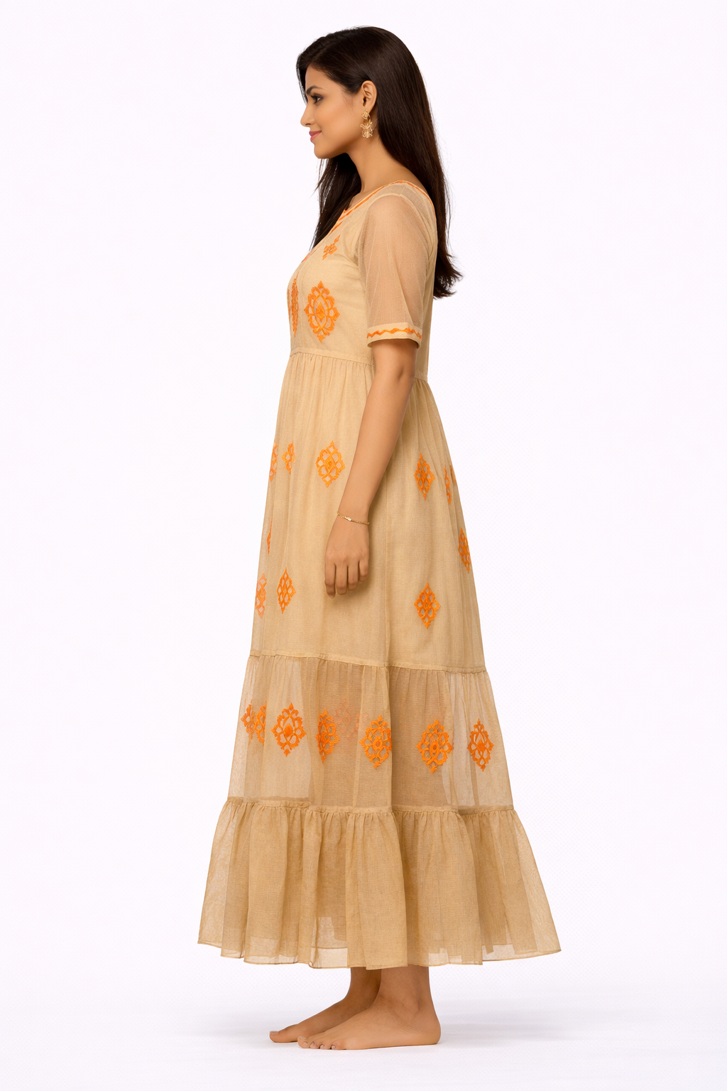 Brown Cotton Embroidered Sheer Maxi Dress with Inner | Loose Fit Bust & Waist | Tiered Flared Casual Ethnic Dress