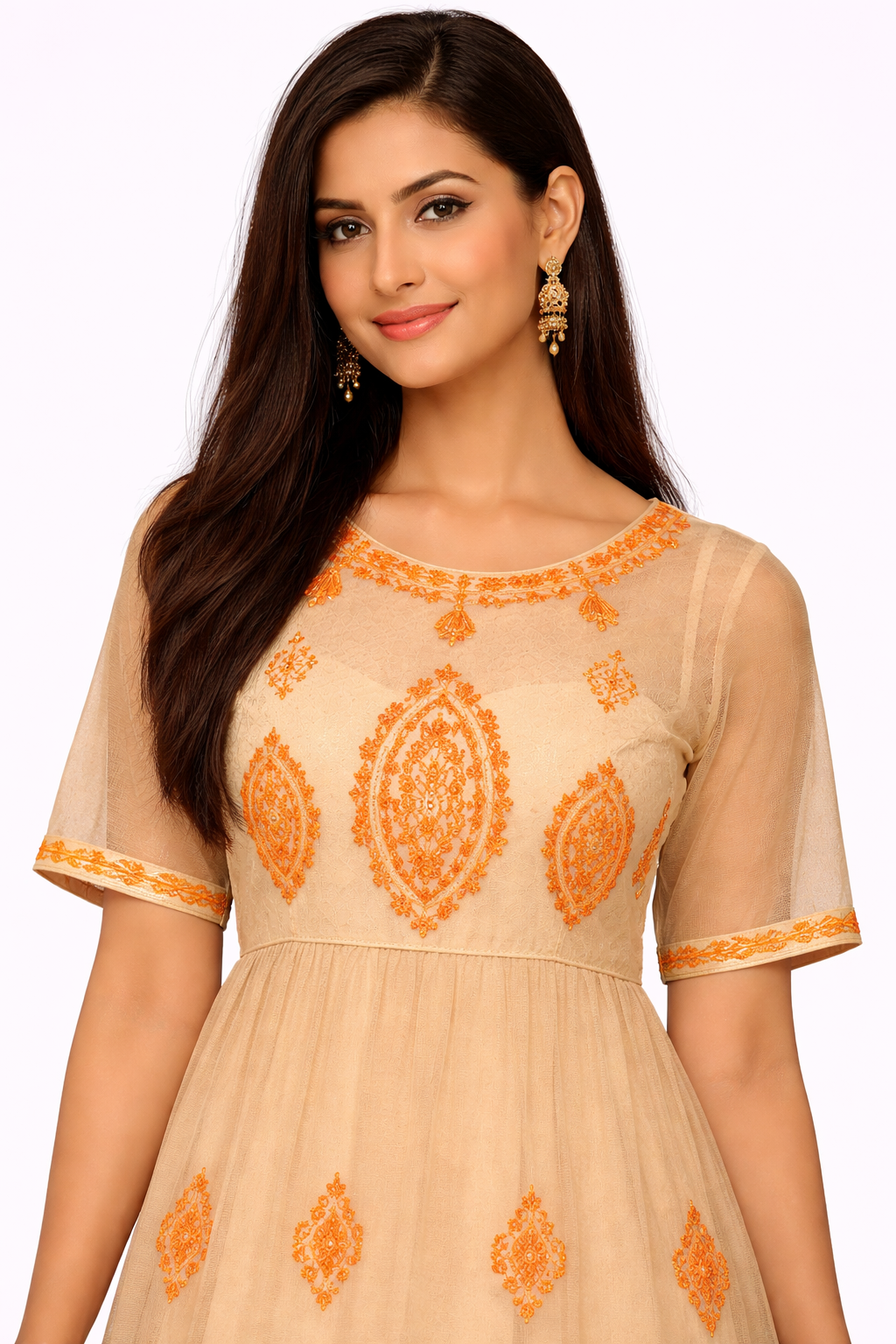 Brown Cotton Embroidered Sheer Maxi Dress with Inner | Loose Fit Bust & Waist | Tiered Flared Casual Ethnic Dress
