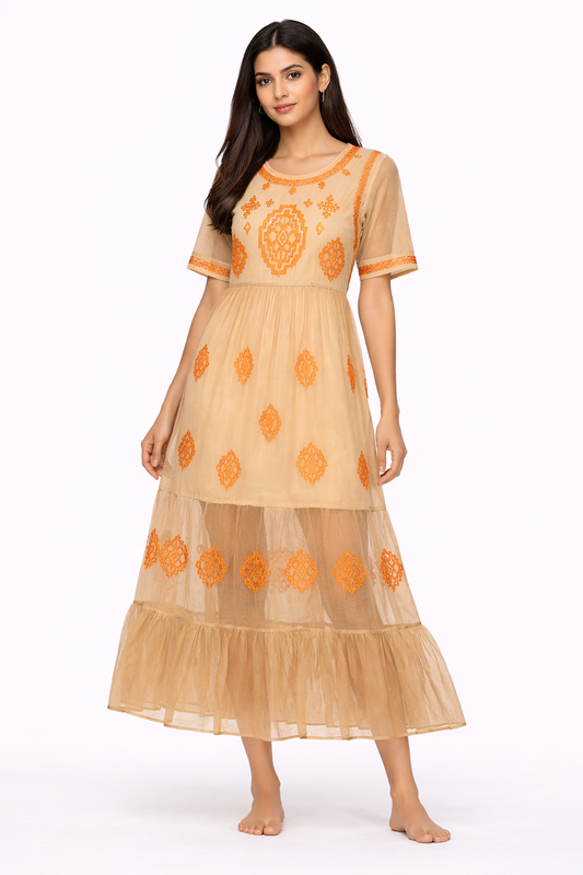 Brown Cotton Embroidered Sheer Maxi Dress with Inner | Loose Fit Bust & Waist | Tiered Flared Casual Ethnic Dress