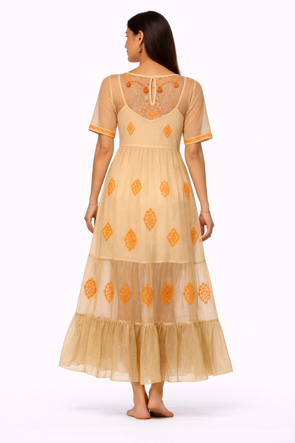 Brown Cotton Embroidered Sheer Maxi Dress with Inner | Loose Fit Bust & Waist | Tiered Flared Casual Ethnic Dress